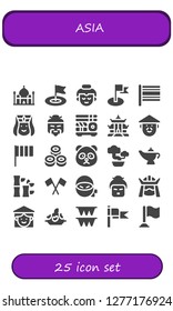  asia icon set. 25 filled asia icons. Simple modern icons about  - Taj mahal, Flag, Buddha, Armenian, Chinese, Sushi, Pagoda, Panda bear, Bonsai, Magic lamp, Bamboo, Ninja, Geisha