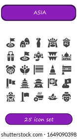 asia icon set. 25 filled asia icons. Included Flag, Onigiri, Cheongsam, Samurai, Nunchaku, Elephant, Flags, Taj mahal, Panda bear, Blossom, Temple, India, Pagoda, Ninja icons