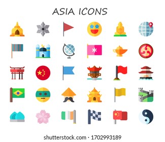 asia icon set. 30 flat asia icons.  Simple modern icons such as: pagoda, shuriken, flag, famous, buddha, world map, mosque, magic lamp, kamon, torii gate, china, ninja, chinese