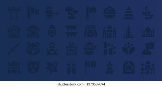 asia icon set. 32 filled asia icons. on blue background style Collection Of - Giant swing, Dragon, Katana, Samurai, Flag, Vietnamese, Panda bear, Rickshaw, Chinese, Ninja, Thai kite