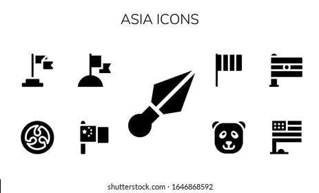 asia Symbol gesetzt. 9 gefüllte asiatische Symbole. Inbegriffen sind Kunai, China, Flagge, Kamon, Indien, Panda-Bärensymbole