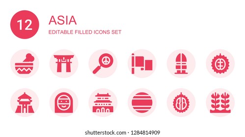 asia icon set. Collection of 12 filled asia icons included Bowl, Torii gate, Pacifism, Flag, Korea, Chiang kai shek, Arab woman, Forbidden city, Thailand, Durian, Rice