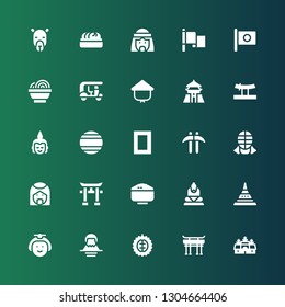 asia icon set. Collection of 25 filled asia icons included Angkor wat, Torii gate, Durian, Fuji mountain, Japanese, Doi suthep, Buddha, Rice, Torii, Arab, Kendo, Kusarigama, National geographic