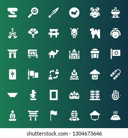 asia icon set. Collection of 36 filled asia icons included Dumpling, Kasa, Kendo, Flag, Torii, Buddha, Jainism, Rice, Angkor wat, National geographic, Wing chun, Bowl, Nunchaku
