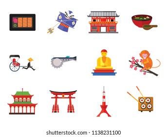 Asia Icon Set. Fuji Mountain Japanese Rickshaw Miso Soup Japanese Macaque Japanese Kite Buddha Statue Tokyo Skytree Tower Yasaka Shrine Sashimi Sushi Set Torii Gate Heijo-kyo