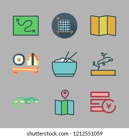 asia icon set. vector set about rice, map, crocodile and yen icons set.