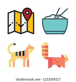 asia icon set. vector set about map, tiger, rice and red panda icons set.