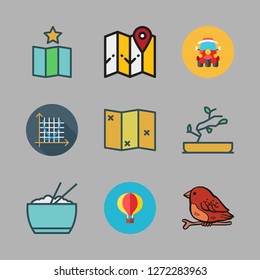 asia icon set. vector set about tuk tuk, map, symmetry and hot air balloon icons set.