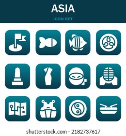 conjunto de iconos de asia. Ilustraciones vectoriales relacionadas con la bandera, el pescado y el pescado