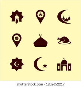 asia icon. asia vector icons set fastfood location, islam symbol, hot chicken and mosque