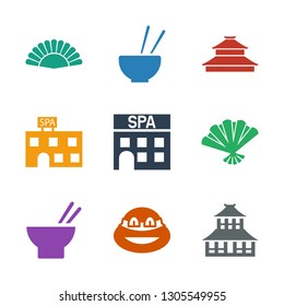 asia icons. Trendy 9 asia icons. Contain icons such as temple, ninja, asian food, fan, spa building. asia icon for web and mobile.