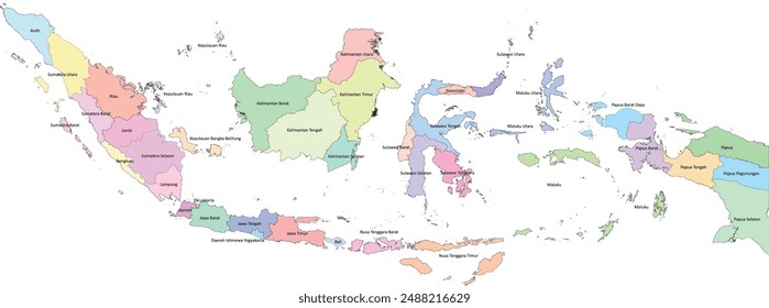 Asia Indonesia map of adm1 with official names for 38 Provinces