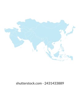 Asia isolated blue map on white background. High detailed, with board. China, japan, korea, india, thailand, saudi arabia.