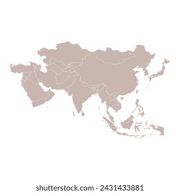 Asia isolated brown map on white background. High detailed, with board. China, japan, korea, india, thailand, saudi arabia.