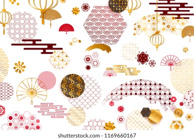 Asia Japanese and Chinese patterns, icons, crest decor vector. Ornament with Flowers, Waves, Lines, Fan, Clouds... Gold texture, drawn vector illustration.