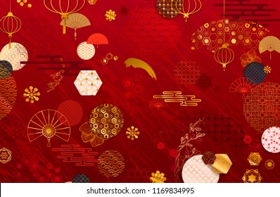 Asia Japanese and Chinese patterns, icons, crest decor vector. Ornament with Flowers, Waves, Lines, Fan, Clouds... Gold texture, drawn vector illustration.