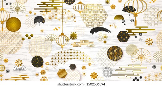 Asia Japanese and Chinese patterns, icons, crest decor vector. Ornament with Flowers, Waves, Lines, Fan, Clouds... Gold texture, drawn vector illustration. 