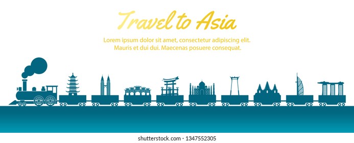 Asia landmark carried by train,concept art  silhouette style,vector illustration,green blue gradient,vector illustration