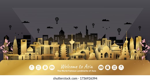 Asia Landmarks Travel postcard, poster, tour advertising of world famous landmarks. Vectors illustrations