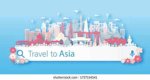 Asia Landmarks Travel postcard, poster, tour advertising of world famous landmarks. Vectors illustrations