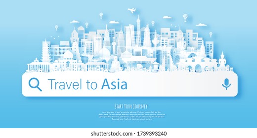 Asia Landmarks Travel Postcard, Poster, Tour Advertising Of World Famous Landmarks. Vectors Illustrations