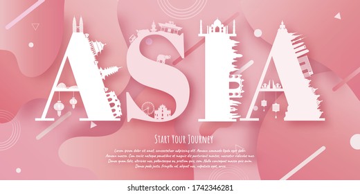 Asia Landmarks Travel postcard, poster, tour advertising of world famous landmarks. Vectors illustrations