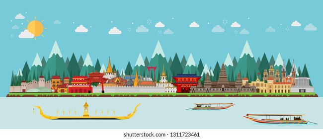 Asia of landmarks and tropical island to Travel and Tourist Attraction. vector illustration