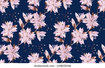 Asia luxury sakura flower seamless pattern. Night blue abstract floral repeatable motif for surface design. Stock vector illustration
