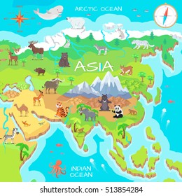 Asia mainland cartoon map with fauna species. Cute asian animals flat vector. Northern predators. Mountain species. Jungle wildlife. Indian ocean life. Nature concept for children's book illustrating