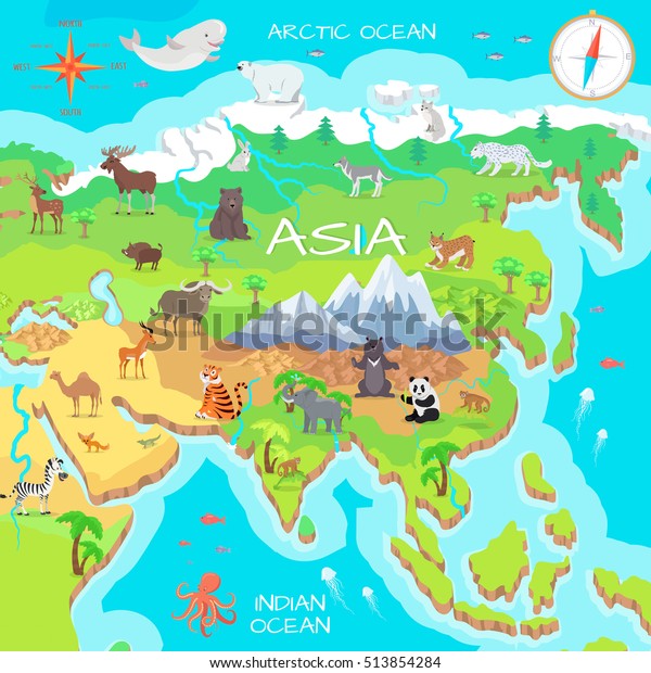 Asia mainland cartoon map with fauna\
species. Cute asian animals flat vector. Northern predators.\
Mountain species. Jungle wildlife. Indian ocean life. Nature\
concept for children\'s book\
illustrating