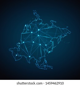 Asia Map - Abstract geometric mesh polygonal network line, structure and point scales on dark background with lights in the form of cities. Vector illustration eps 10.