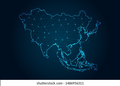 asia map with Abstract mash line and point scales on Dark background . design polygon sphere .  Wire frame 3D mesh polygonal network line . Vector illustration eps 10.