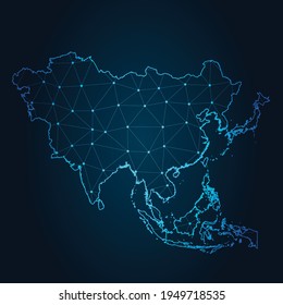 Asia Map Abstrakte Mashlinie und Punktwaage auf dunklem Hintergrund. Draht-Rahmen 3D-Maschenpolygonale Netzlinie.