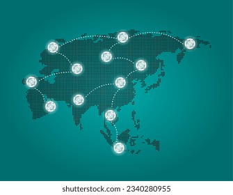 Asia map and business target market icon vector isolated. Business network and abstract Asia map vector. Abstract mash point scales on dark background with map of Asia. Asia business target map vector