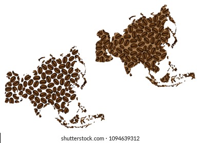 Asia -  map of coffee bean, Asia map made of coffee beans,