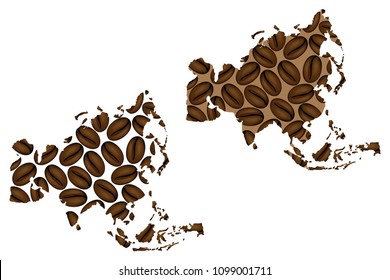 Asia -  map of coffee bean, Asia map made of coffee beans,