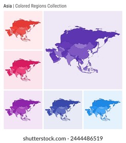 Asia. Map collection. Continent shape. Colored countries. Deep Purple, Red, Pink, Purple, Indigo, Blue color palettes. Border of Asia with countries. Vector illustration.