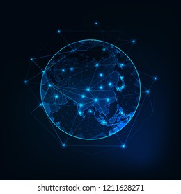 Asia map continent outline on planet Earth view from space abstract background. Globalization, connection concept. Low poly wireframe, lines and dots glowing design. Vector illustration.