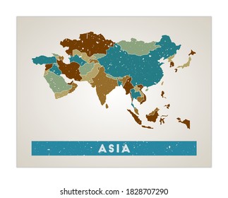 Asia map. Continent poster with regions. Old grunge texture. Shape of Asia with continent name. Appealing vector illustration.