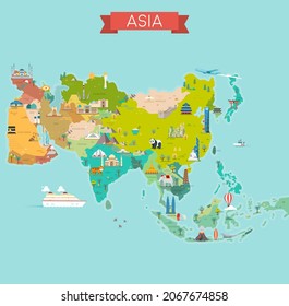 Asia Map.  Map with country names. Tourist and travel landmarks, vector illustration.