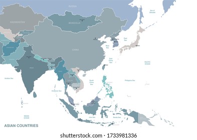 asia map. detailed vector map of asian countries.