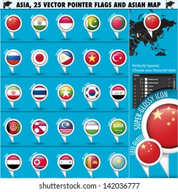 Asia Map and flags pointer icons set1