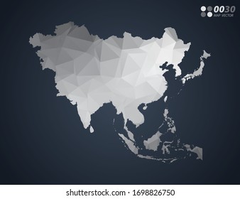 Asia map grey polygon red triangle mosaic with dark background. style gradient vector.