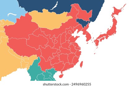 Asia map with individual colors for website layouts,background, education, precise, customizable, Travel worldwide,map silhouette backdrop,earth geography,political, reports.