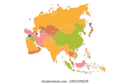 Asia map with individual colors,isolated on white background for website layouts,background,education, precise,customizable,Travel worldwide,map silhouette backdrop,earth geography, political,reports