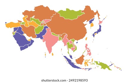 Asia map with individual colors,isolated on white background for website layouts,background,education, precise,customizable,Travel worldwide,map silhouette backdrop,earth geography, political,reports