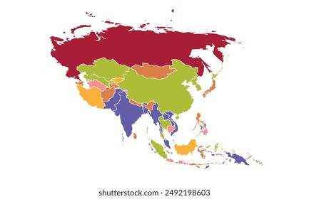 Asia map with individual colors,isolated on white background for website layouts,background,education, precise,customizable,Travel worldwide,map silhouette backdrop,earth geography, political,reports