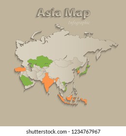 Asia map with individual states separated, infographics with icons vector