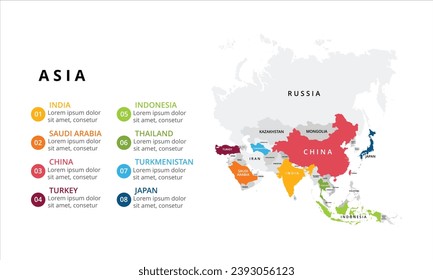 Asia map infographic. Slide presentation. Global business marketing concept. Color country. World transportation data. Economic statistic template.