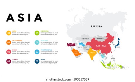 Asia map infographic. Slide presentation. Global business marketing concept. Color country. World transportation data. Economic statistic template.